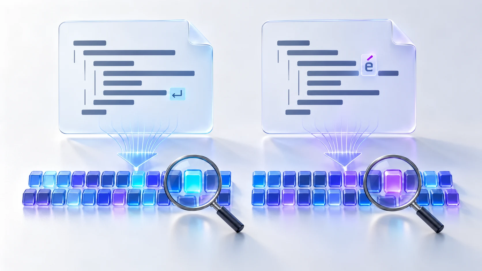 Editorial illustration of similar text panes containing a line-break and accent difference, producing different byte comparisons.