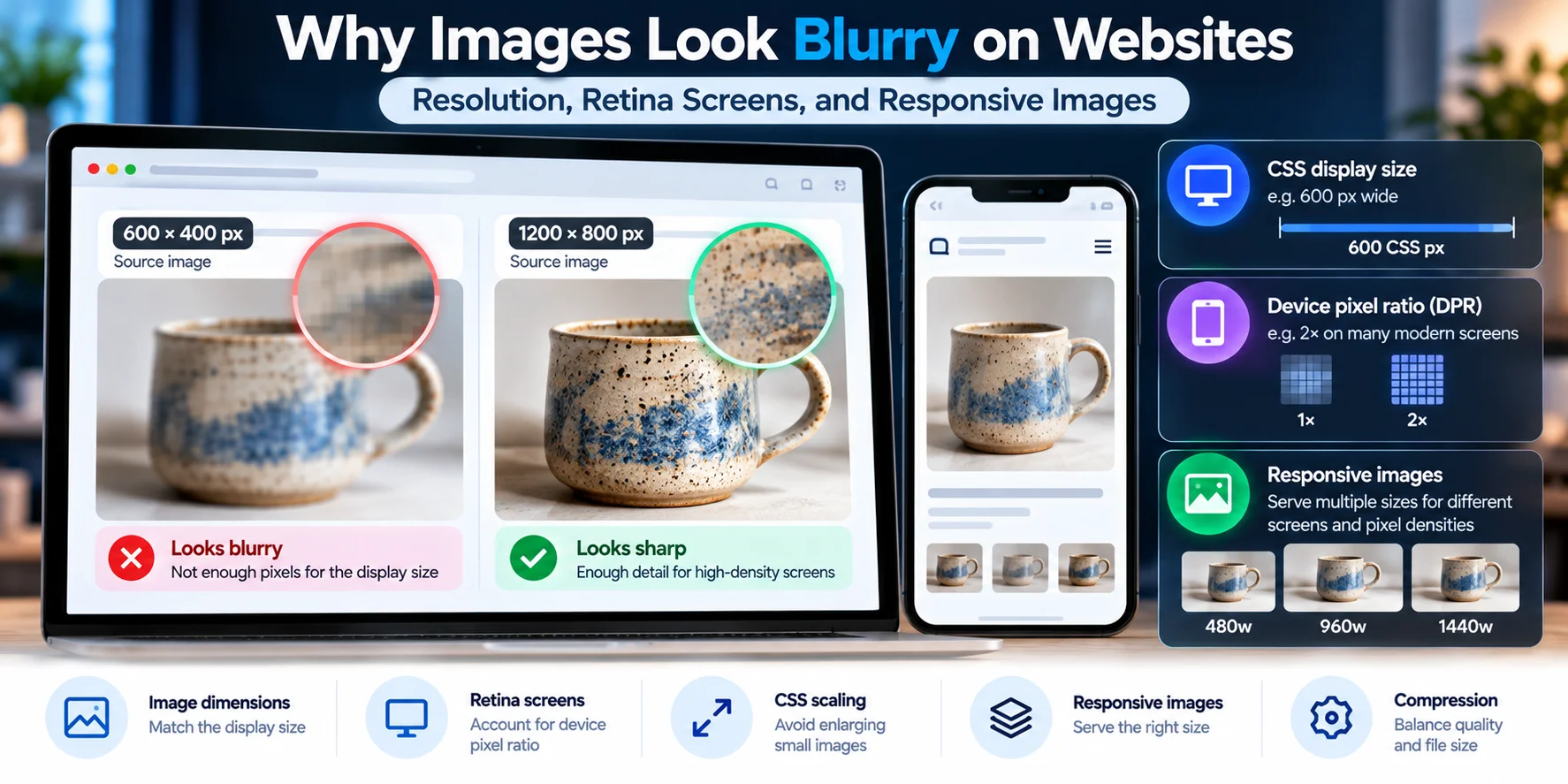 Comparison of a blurry low-resolution product image and a sharp high-resolution image on a website, illustrating CSS display size, Retina screen pixel density, and responsive image selection.