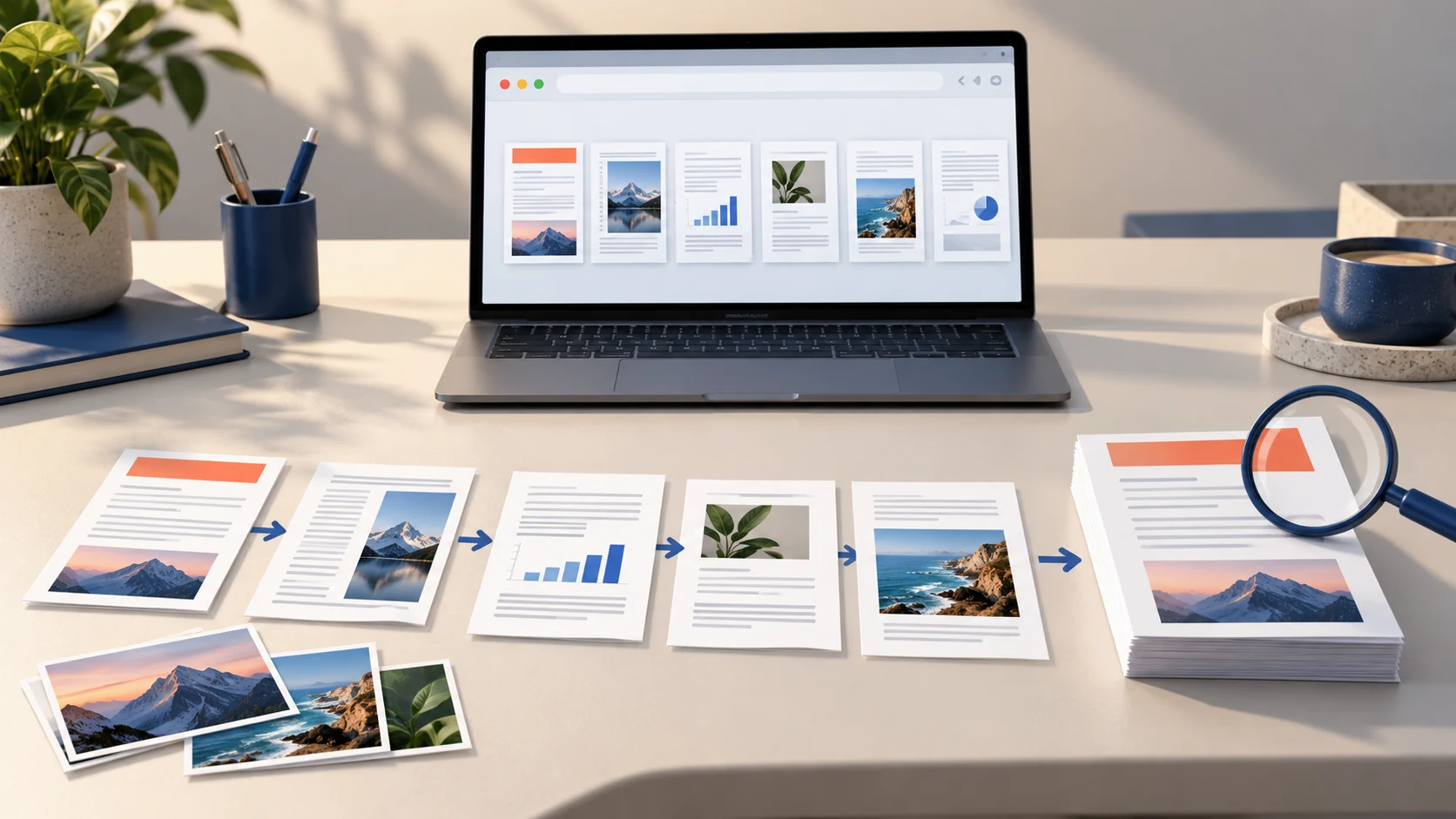 Editorial illustration of ordered document pages and supporting photos assembled into a PDF, with a magnifier for final inspection.